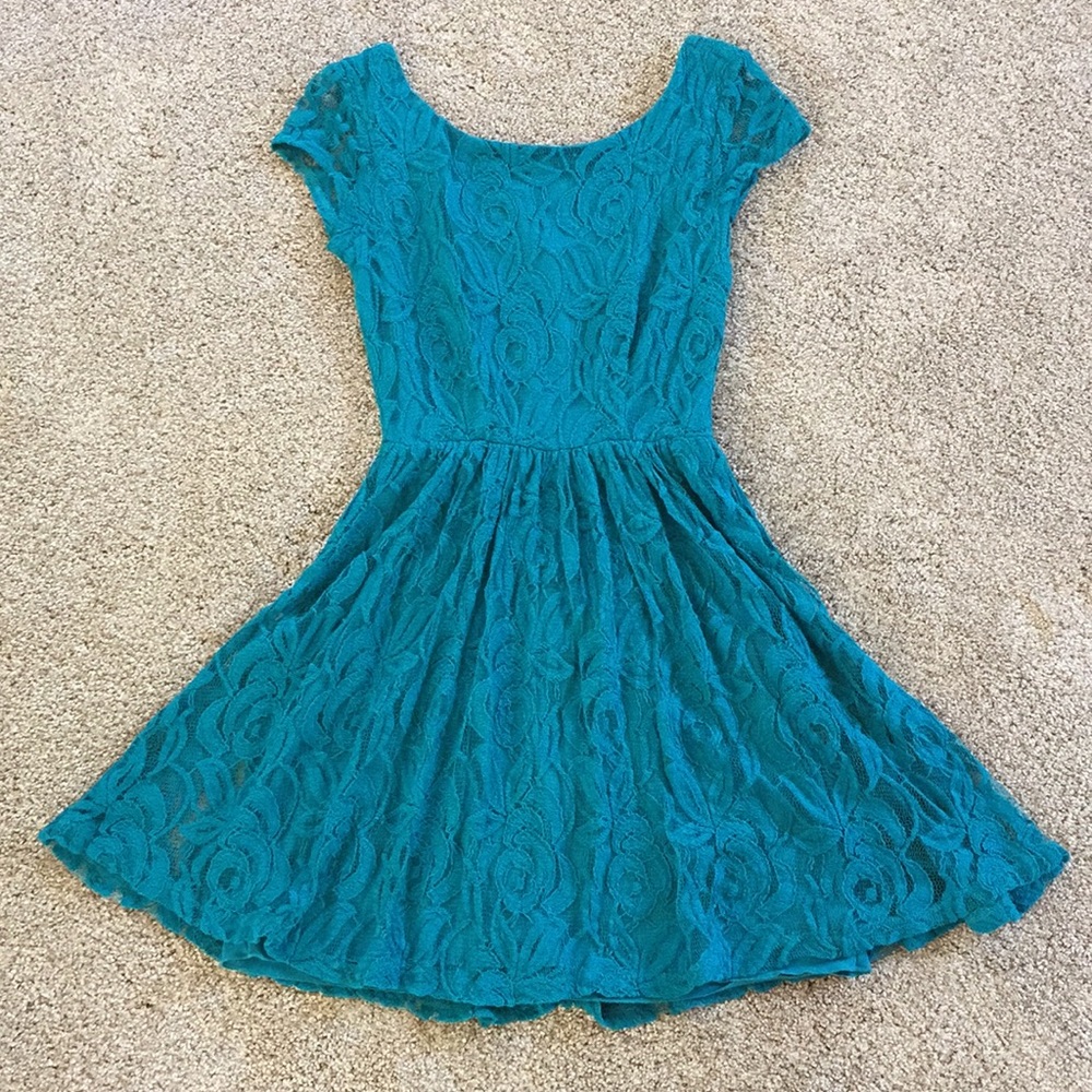 Lace Summer Dress - Teal, Cap Sleeves